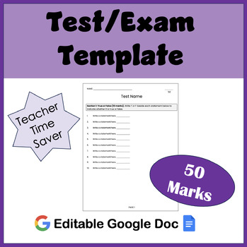 Preview of Test/Exam Template | 50 Marks | Editable Google Doc