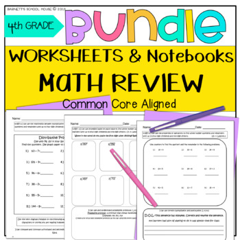 Preview of 4th Grade Math Spiral Review Worksheets Bundle with Notebook Outlines