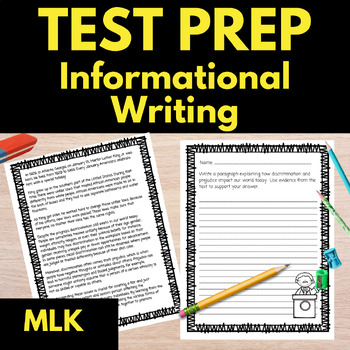 Preview of Test Prep Informational Writing MLK Reading passage with questions and writing