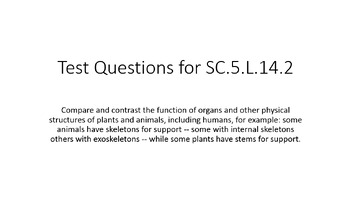 Preview of Test Questions for SC.5.L.14.2 with Answer Key- Function of Plants and Animals