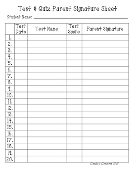 Preview of Test & Quiz Parent Signature Sheet