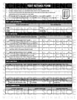 Test Retake Notice Form With Reflection & Goal Setting by Science With ...