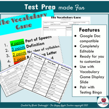 Preview of Test Taking Vocabulary Game Printable & EDITABLE Testing Verbs High Stakes Test 