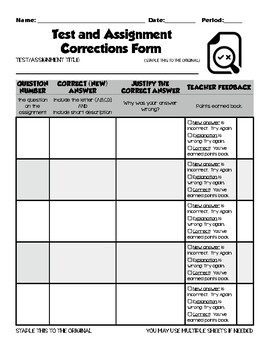 Preview of Test and Assignment Correction Form (Science)