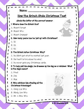 Preview of Test for the Book How the Grinch Stole Christmas by Dr. Seuss