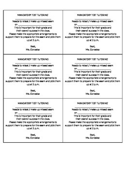 Preview of Test make-up / retest note for parents