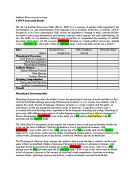 Preview of Test of Auditory Processing - Fourth Edition (TAPS-4) Report Template