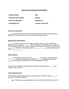 Preview of Test of Language Development-Intermediate (TOLD-I:5) Evaluation Report Template
