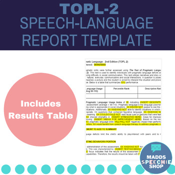 Preview of Test of Pragmatic Language TOPL-2 Speech-Language Report Template