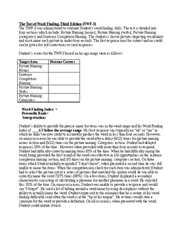 Preview of Speech Therapy-Test of Word Finding Evaluation Report Template (TWF)
