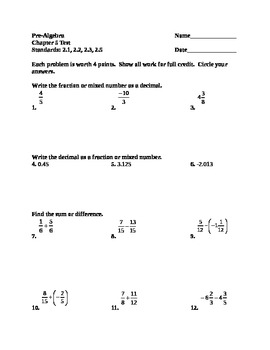 Preview of Test on Fractions, Mix Numbers, Decimals, Sum/Difference of Fractions