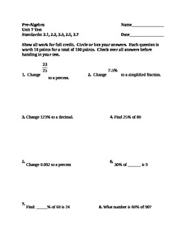 Preview of Test on Percents, Decimals, % of Increase/Decrease