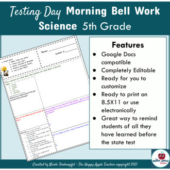 Preview of Testing Day Morning Bell Ringer Bell Work Science 5th Grade