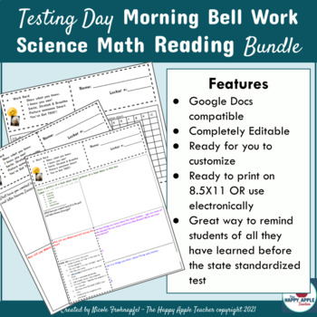 Preview of Testing Day Morning Bell Ringer Bell Work Science Math Reading Review Editable