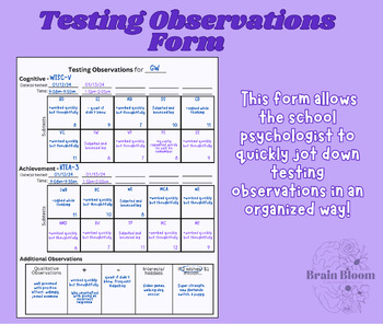 Preview of Testing Observations Form | SPED Evaluation Student Observations Worksheet