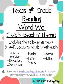 Preview of Texas 8th Grade Reading Word Wall {Totally Beachin Theme}