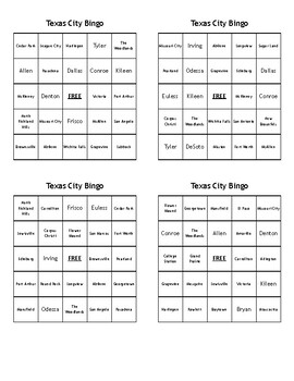 Cities of Texas Bingo 80 Different Bingo Cards Just Print Cut