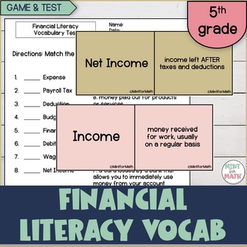 Texas Financial Literacy Vocabulary Matching Game and Test 5th Grade