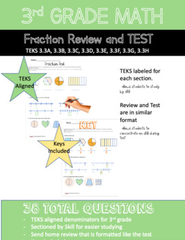 Preview of Texas Fractions Review & Test 3rd grade