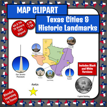 Preview of Texas Map Clipart Cities and Historic Landmarks TX History TEKS 4.7B 7.8B