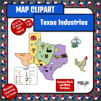 Preview of Texas Map Clipart Industries TX History TEKS 4.11A 7.8A