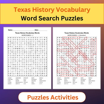 Preview of Texas History Vocabulary Words | Word Search Puzzles Activities