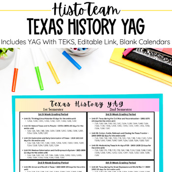Preview of Texas History Year At A Glance YAG Editable Planning and Pacing Calendar