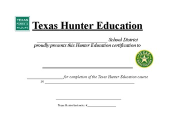 Preview of Texas Hunter Education completion certificate