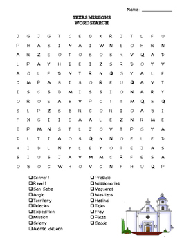 Preview of Texas Missions Vocabulary Word Search
