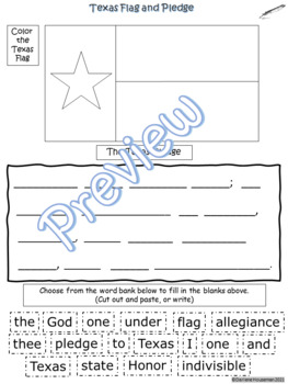 Preview of Texas~Pledge Allegiance~Fill in Blank~Cut and Paste~Flag~Autism~SStudies~NO PREP