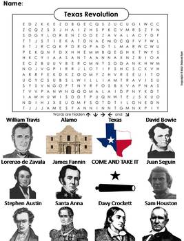 Texas Revolution Word Search Puzzle Activity Page with Coloring