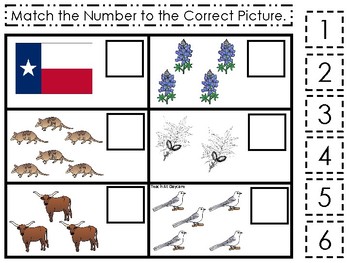 Preview of Texas State Symbols themed Match the Number Preschool Math Counting Game.