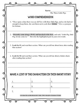 Text Dependent Worksheets. Evidence Based Writing.The Three Little Pigs