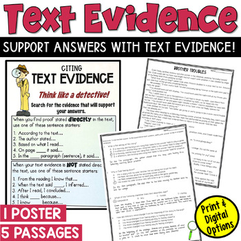 Preview of Text Evidence Practice Worksheets: Five Reading Passages with Sentence Starters