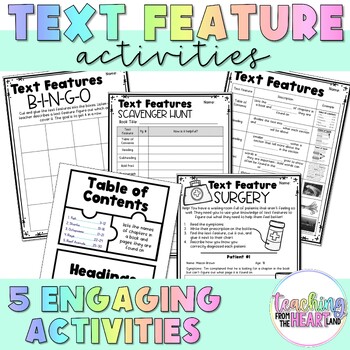 Preview of Text Feature Activities| Surgery, Scavenger Hunt, Bingo, Mini-lesson, Puzzles