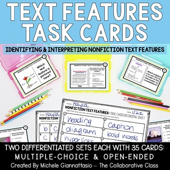 Preview of Nonfiction Text Feature Task Cards | Identifying & Interpreting | Differentiated