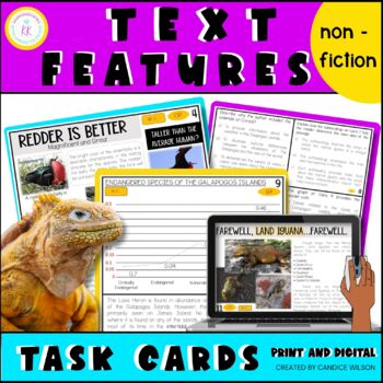 Preview of Text Features Reading Nonfiction Passages and Task Cards