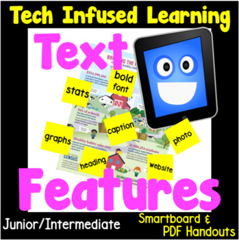 Preview of Text Features Unit, No Prep Technology Infused Learning, Smartboard & PDF