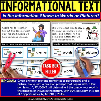 Preview of Text Features and Pictures for Reading Comprehension Task Box Filler for Autism