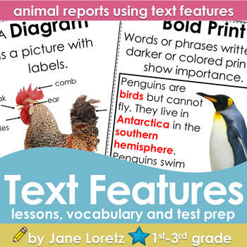 Preview of Text Features (lesson,vocabulary, test prep, animal reports using text features)