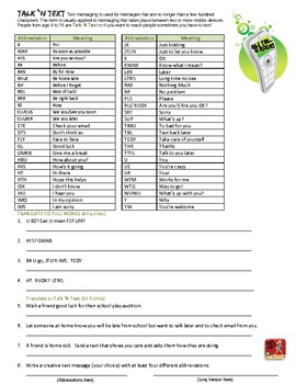 Preview of Text Message Abbreviations Worksheet