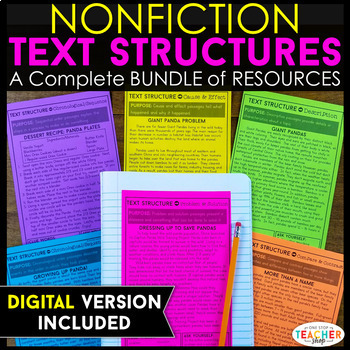 Preview of Nonfiction Text Structures Unit: Passages, Worksheets, Anchor Chart, Task Cards
