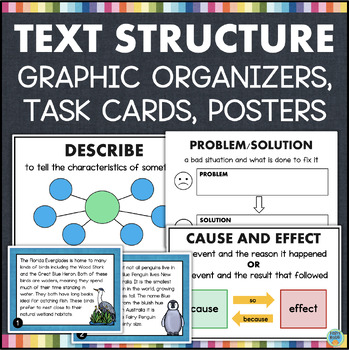 Preview of Text Structure Practice Passages Worksheet Task Cards Anchor Chart Posters