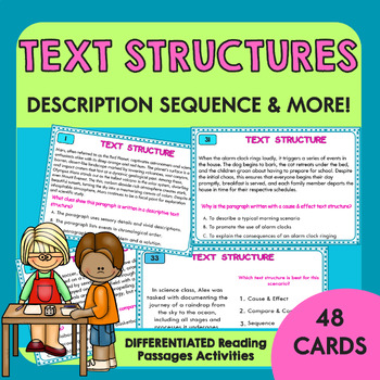 Preview of Text Structure Task Cards Reading Passages Activity Description Sequence & More