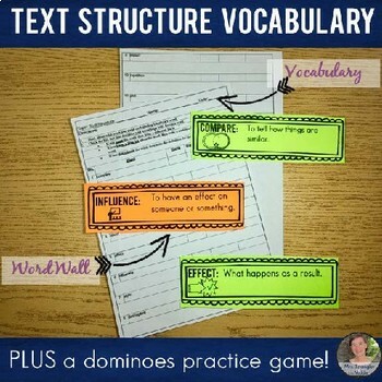 Preview of Text Structure Vocabulary Worksheet Word Wall Dominoes Practice Game