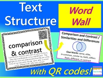Preview of Text Structure Word Wall {with QR Codes, Definitions, & Example Passages}