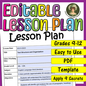 Preview of Text Structure and Organization : Editable Lesson Plan for High School