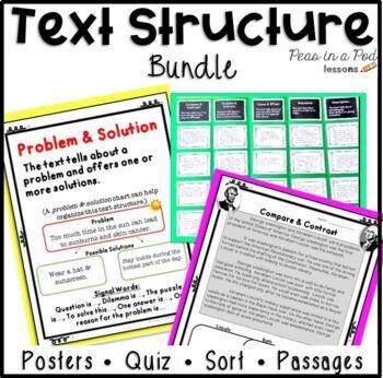 Preview of Text Structure Worksheets Anchor Chart Passages Task Cards Activities + Quiz ✨
