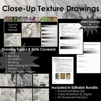 Preview of Texture Drawing & Value Art Project Middle School & High School Editable Bundle
