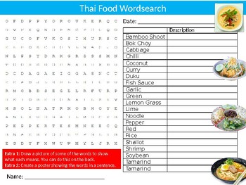 Thai Food Wordsearch Puzzle Sheet Keywords Homework Food Thailand Cooking